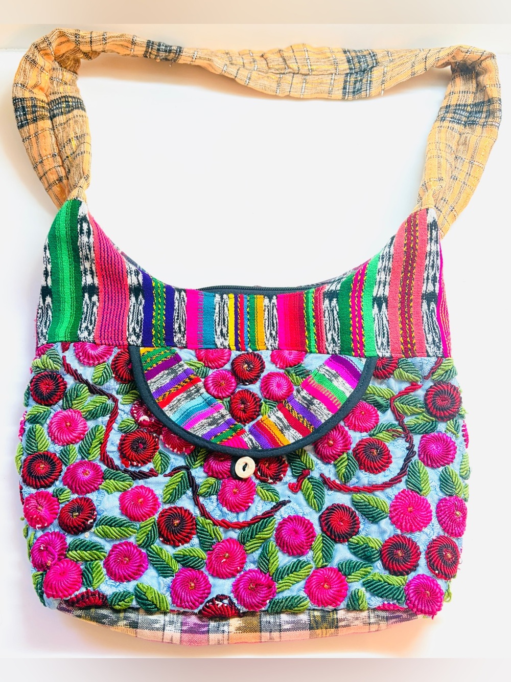 Vintage Guatemala Huipil Boho Shoulder Bag Raised Floral Embroidered Hippie